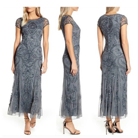 Pisarro Nights Plus Size 18W Embellished Mesh Gown In Steel Gray Blue - Picture 1 of 12